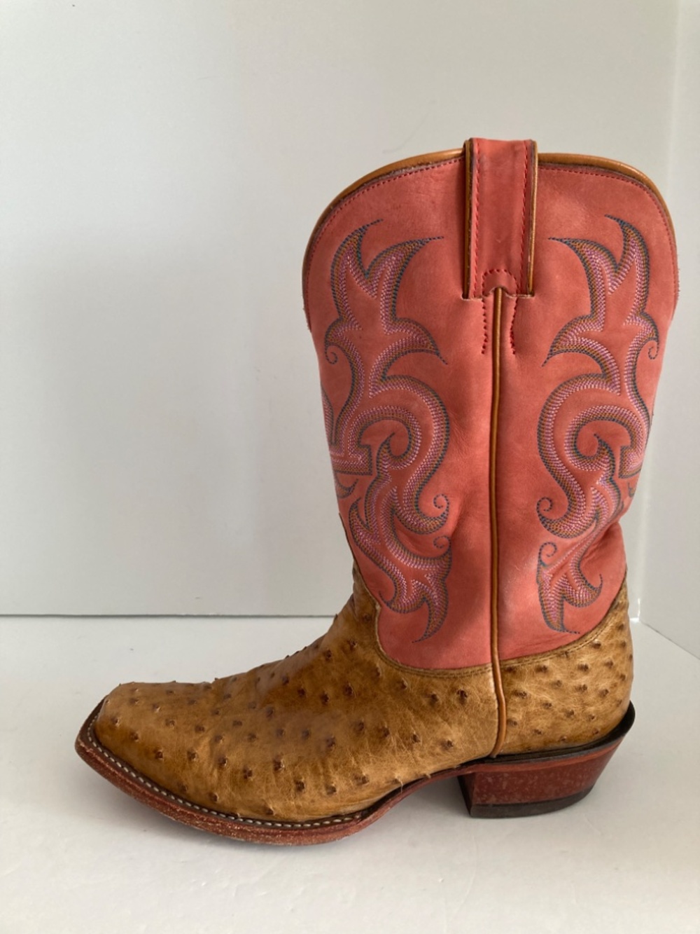 Justin Women’s L2697 Full Quill Ostrich Cowboy Boots Square Toe Pink Brown 9B